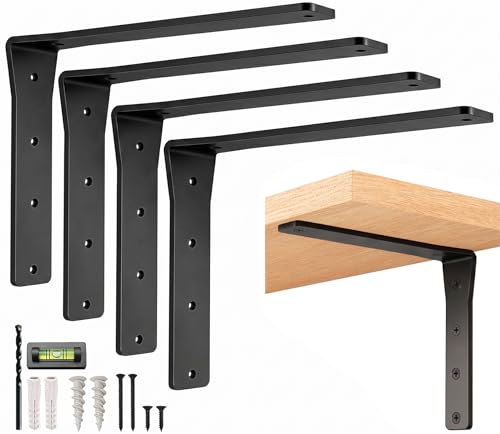 4 Pack Heavy Duty Shelf Brackets 16 Inch by Balin Designs – Decorative L Bracket for Shelves, Metal Shelf Support Bracket, Wall Mounted Countertop Iron Corbels, Floating Black Shelving Brackets - color: Black Viva, size: 16 inches