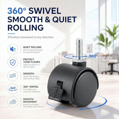 BBTO 8 Pcs 2 Inch M6 Swivel Stem Casters Wheels Replacement, M6 Threaded Stem Caster with Brake, Heavy Duty 360° Standing Desk Wheels, No Noise, Black Nylon, for Cart Furniture Table Cabinet Shelf - size: 2 Inch X M6 x 15 mm, style: Threaded, with Brake