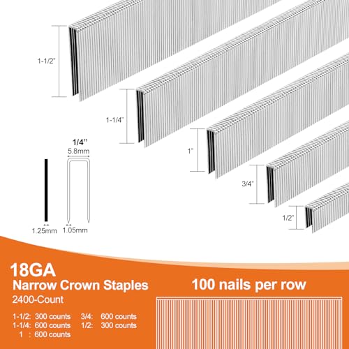 PINOZE 4200-Count 18 Gauge 1/4" Narrow Crown Staples (1-1/2" 1-1/4" 1" 3/4" 1/2") & 18GA Brad Nails (2" 1" 5/8"), Heavy Duty Galvanized Upholstery Staple for Pneumatic/Electric Stapler Gun/Brad Nailer