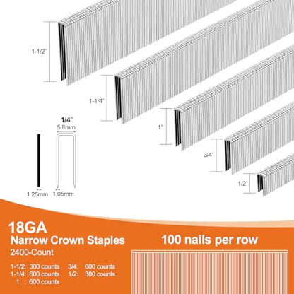 PINOZE 4200-Count 18 Gauge 1/4" Narrow Crown Staples (1-1/2" 1-1/4" 1" 3/4" 1/2") & 18GA Brad Nails (2" 1" 5/8"), Heavy Duty Galvanized Upholstery Staple for Pneumatic/Electric Stapler Gun/Brad Nailer