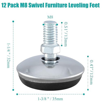 Bivethoi M8 Furniture Leveling Feet, 1-9/16 Inch OD, 12 Pack - size: M8 (1-9/16 inch)