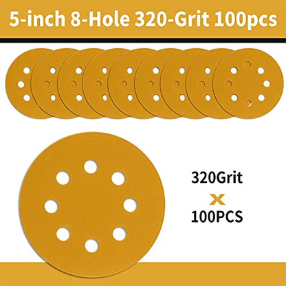 100 Pcs 5 Inch Sanding Discs Hook and Loop, 8 Hole Gold Premium 320 Grit Dustless Random Orbit Sandpaper for Woodworking or Automotive - style: 320 Grit-100 Discs