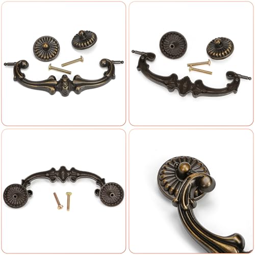 Antique Brass Drop Bail Pulls 5 Inch Hole Spacing – Vintage Handle for Dresser, Cabinet, Wardrobe – 128mm C-C Bail Pull, Bronze Metal Hardware, Shabby Chic Floral Knobs Replacement