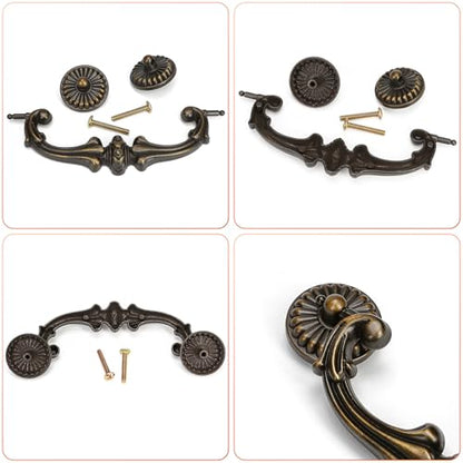 Antique Brass Drop Bail Pulls 5 Inch Hole Spacing – Vintage Handle for Dresser, Cabinet, Wardrobe – 128mm C-C Bail Pull, Bronze Metal Hardware, Shabby Chic Floral Knobs Replacement