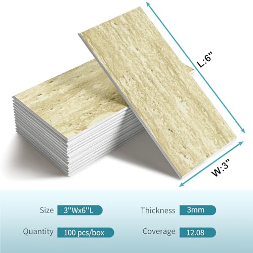 Vamos Tile 100 Pieces Peel and Stick Backsplash Tile, 3" x 6" Subway Tile - color: Beige mix off White Travertine