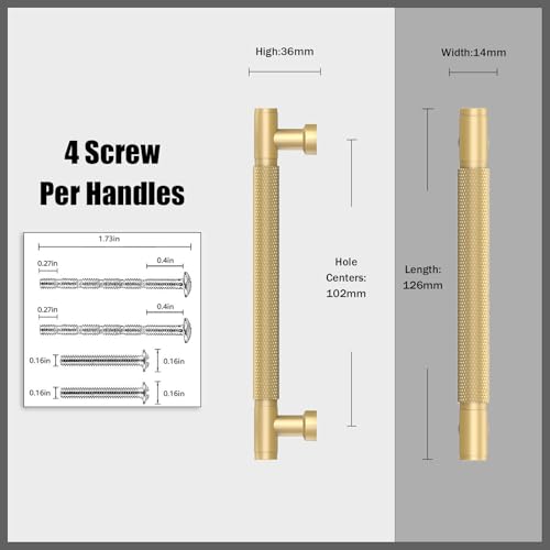 10 Pack Brushed Gold Knurled Cabinet Pulls 4 Inch(102mm) Kitchen Cabinet Handles Cabinet Hardware for Drawer Pulls - color: Brushed Gold, size: 4" Hole Center