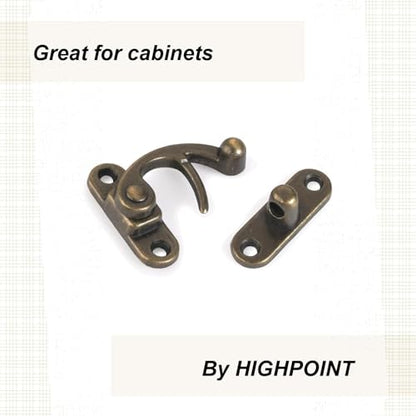 Highpoint Hook Latch Small Antique Brass 1-Piece with Screws - size: 1-3/8" tall and 1-1/8" wide Antique Brass