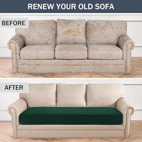 Stretch Cushion Cover, Soft Velvet Plush Cushion Slipcovers Loveseat Sofa Covers Couch Seat Covers Furniture Protector with Elastic Bottom (Large, Green) - color: Green, size: Large