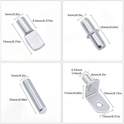 120Pcs Shelf Pins Kit,4 Styles Nickel Plated Shelf Support Pegs,Plated Shelf Pins Holders for Bookcase Kitchen Closet Shelf Shelves Furniture Cabinet，5mm (1/4 inch) cabinet shelf pegs