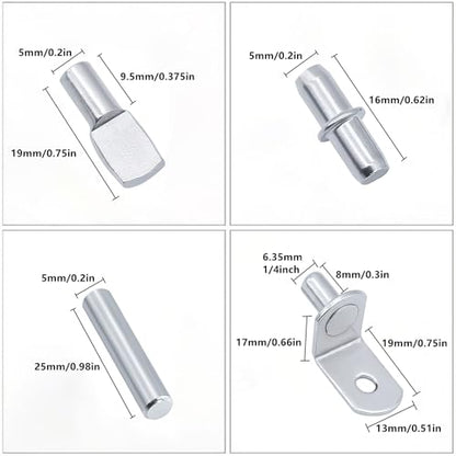 120Pcs Shelf Pins Kit,4 Styles Nickel Plated Shelf Support Pegs,Plated Shelf Pins Holders for Bookcase Kitchen Closet Shelf Shelves Furniture Cabinet，5mm (1/4 inch) cabinet shelf pegs