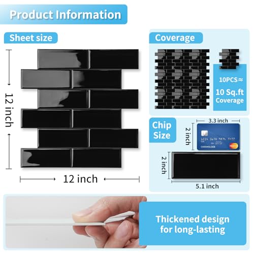 Art3d Subway Design Wall Tile, Peel and Stick Backsplash, 10-Pack, Black - color: Black