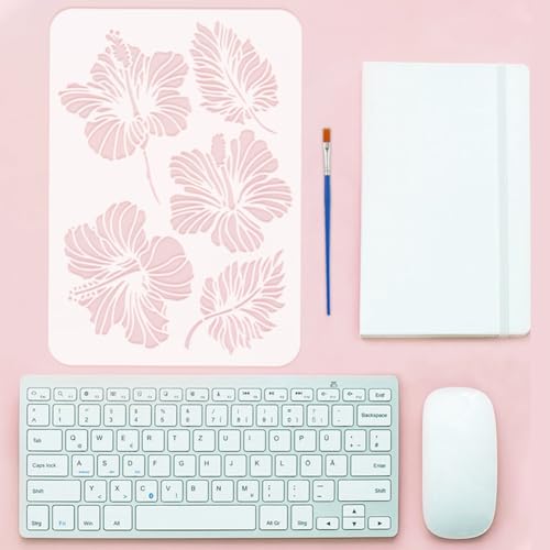 FINGERINSPIRE Hibiscus Stencils with a Brush 11.7x8.3Inch Flowers Painting Stencils Hibiscus Leaves Pattern Stencil Plant Themes PET Template for Painting on Wood Floor Tile Wall Fabric DIY - color: Hibiscus