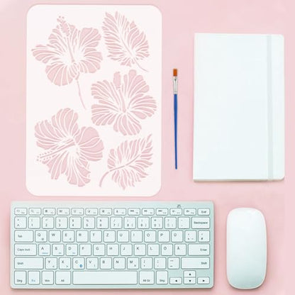 FINGERINSPIRE Hibiscus Stencils with a Brush 11.7x8.3Inch Flowers Painting Stencils Hibiscus Leaves Pattern Stencil Plant Themes PET Template for Painting on Wood Floor Tile Wall Fabric DIY - color: Hibiscus