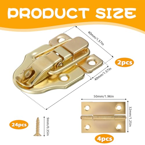 2 Pack Retro Gold Style Duckbilled Hasp Clasp Latch, Antique Metal Box Latch Toggle Hasp Catch with Padlock Hole and 4 Pcs Hinges with Matching Screws Kit for Wooden Jewelry Box Cabinet Toolbox