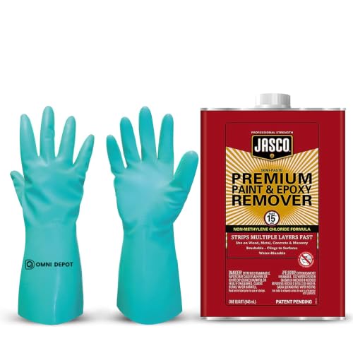 Multi-Surface Paint Stripper - Jasco Premium Paint & Epoxy Remover - Qt - Epoxy, Varnish, Enamel, Latex, & Oil-Based Paint Remover - Concrete, and Masonry Surfaces Bundled with Omni Depot Gloves