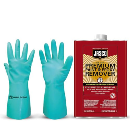 Multi-Surface Paint Stripper - Jasco Premium Paint & Epoxy Remover - Qt - Epoxy, Varnish, Enamel, Latex, & Oil-Based Paint Remover - Concrete, and Masonry Surfaces Bundled with Omni Depot Gloves