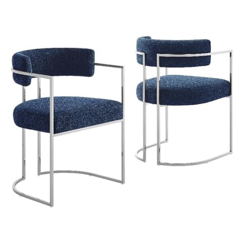 MAKLAINE Modern Chrome Dining Accent Chair, Stainless Steel Metal Frame, Silver Navy Upholstery, Padded Seat and Backrest, Curved Design with Sled Base, Oeko-TEX Certified, Living Room or Workspace - color: Blue