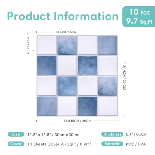 Commomy Matte 3D Peel and Stick Tile,10 Pcs 11.8"x11.8" White & Blue - color: White & Gradient Blue