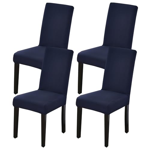 Dining Chair Covers Set of 4, Stretch Spandex Chair Slipcover, Navy Blue Chair Slipcovers, Washable Anti-Dust Chair Seat Cover for Kitchen Dining Room, Wedding Party - color: Navy Blue, size: 4Pcs