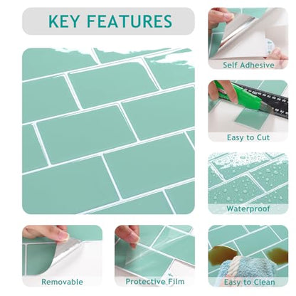 VEELIKE Aqua Green Subway Peel and Stick Backsplash Tile 24 Sheets Back Splashes for Kitchens Peel and Stick Green Wall Tiles 12''x12'' Waterproof Adhesive Backsplash Tiles for Bathroom Laundry Room - size: Box of 24 Tiles