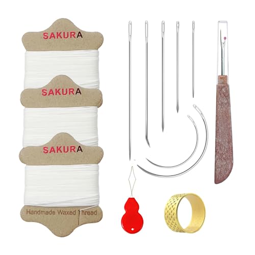 SAKURA Upholstery Repair Kit, 0.55mm ，Round Waxed Sewing Thread (3 Colors) & Heavy Duty Needles (7 PCS) for Leather, Canvas & Quilting Thread (3-White) - color: 3-White