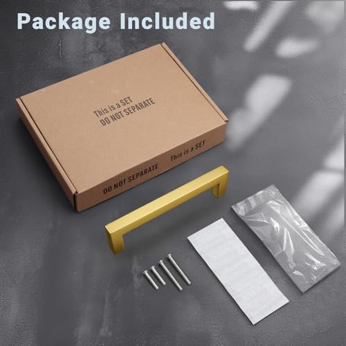 KNOBWELL 6Pack 5 Inch Brushed Gold Cabinet Pulls Stainless Steel Kitchen Cabinet Handles Square Drawer Pulls Modern Cabinet Hardware Handles，128mm Hole Centers - color: Brushed Gold, size: Hole Center:5 inch(128mm)