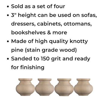 Osborne Medium Squat Round Bun Foot in Knotty Pine Wood (Set of Four), Replacement Furniture Feet for Ottoman, Couch, Sofa, Dresser, Storage Chest, Cabinet and More, Unfinished Wooden Furniture Feet