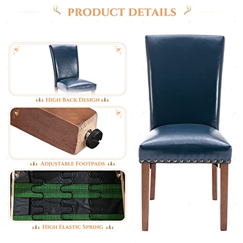 Parsons Dining Chairs Set of 2, Upholstered Nailhead PU Leather Dining Room Kitchen Side Chair with Thick Cushions and Wood Legs, Blue - color: Blue, size: set of 2