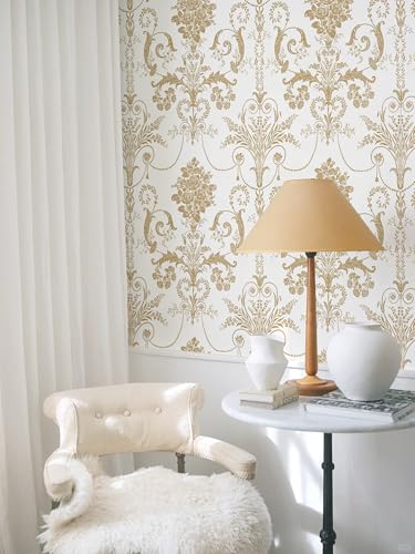 Damask Floral Peel and Stick Wallpaper Removable Gold Flowers Contact Paper - color: Gold, size: 17.3" x 118"