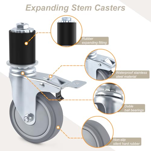 ERKOON 3 Inch Prep Table Caster Wheels Set, 4 Heavy Duty Expanding Stem Casters Fit 7/8", 1", 1-1/2", 1-5/8" Tube Leg with Brake for Stainless Steel Table, Cart, Furniture Legs, Kitchen Workbench - color: 3inch