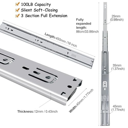 18 inch Soft Close Drawer Slides 6 Pairs Ball Bearing Full Extension Cabinet Drawer Slides 3 fold, Side Mount, 100 LB Capacity Heavy Duty Drawer Slide 18" - size: 18inch(450mm), style: Sliver-6