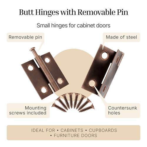 Antique Copper Butt Hinges with Removable Pin - 1-1/2" x 1-1/2" - Pack of 2 - Cabinet Door Hinges - UA-266-HAC (1) - color: Antique Copper