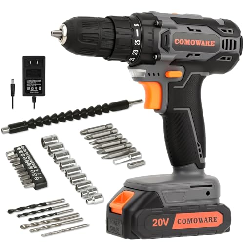 COMOWARE Cordless Drill Set, 20V Electric Power Drill Set,1 Battery & Charger, 3/8" Keyless Chuck, 2 Variable Speed, 266 In-lb Torque, 25+1 Position, Orange - color: Orange & Grey