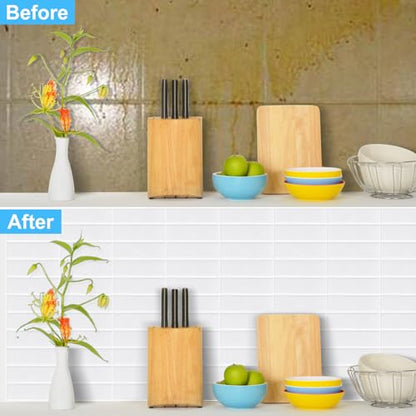 Peel and Stick Backsplash for Kitchen,New Upgrade 12" x 12" Large Premium Kitchen Backsplash,Stick on Subway Tile Peel and Stick Backsplash,White 10-Sheet. - color: White