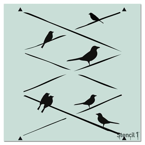Stencil1 Birds on Wire Repeat Wallpaper Pattern Stencil - Quality Mylar Stencils for Painting Walls, Fabric, Furniture, Crafts, Decor - Allover Effects - 11" x 11” - color: Birds on Wire Repeat Wallpaper Pattern Stencil