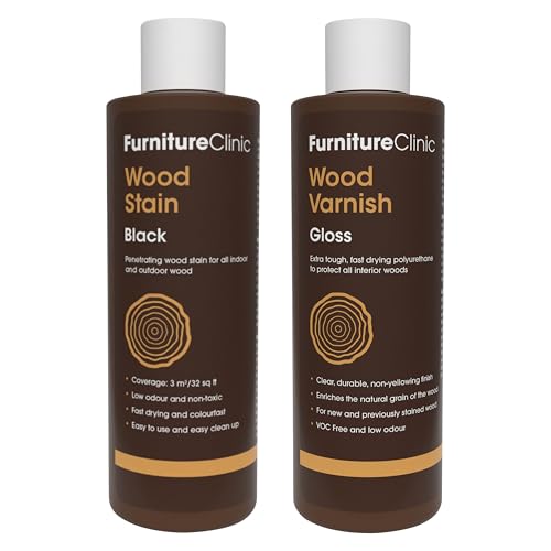 Furniture Clinic 8.5oz Black Wood Stain + 250ml Gloss Wood Varnish | Water Based | Fast Drying, Low Odor, & Non-Toxic | for Indoor & Outdoor Furniture and More