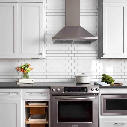 Vamos Tile 100-Piece Glossy Pure White Peel and Stick Backsplash Tile,3''x6'' PVC Subway Tile with Dark Gray Grout,Stick on Backsplash for Kitchen/Bathroom/Fireplace - color: Pure White with Dark Gray Grout