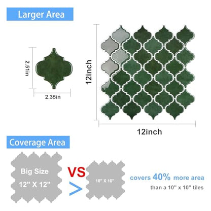 Arabesque Peel and Stick Backsplash for Kitchen, Thicker Design 3D Self Adhesive Wall Tiles, 12"x12" Adhesive Wall Backsplash, Green 10-Sheet Stick on Tile for Kitchen and Bathroom - color: Green
