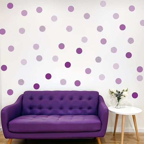 Boho Polka Dot Wall Sticker, 48 Removable and Repositionable Pattern Decals - Premium Fabric Material, Polka Dots, Stripes, Chevrons and Solid in 3 Shades of a Color (Purple) - color: Purple
