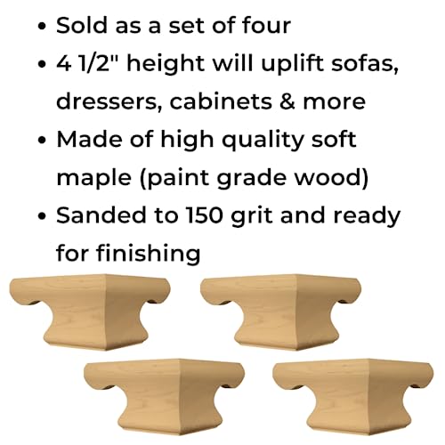 Osborne Corner Colonial Ogee Foot in Soft Maple Wood (Set of Four), Replacement Wooden Furniture Foot for Cabinet, Dresser and More, Unfinished and Sanded, Ready to be Finished