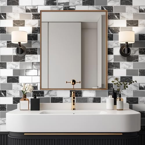 Art3d 10-Pack Marble Wall Tiles Peel and Stick Backsplash, Black White Grey - color: White Grey Marble
