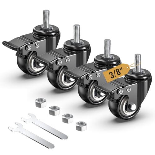 HOLKIE Stem Caster Wheels 2 inch Total Locking Casters Set of 4, Threaded Stem 3/8" -16 x 1 (Diameter 3/8", Length 1") Swivel Heavy Duty Castors Black - size: 2 Inch-Black-With Brake (3/8" -16 x 1")