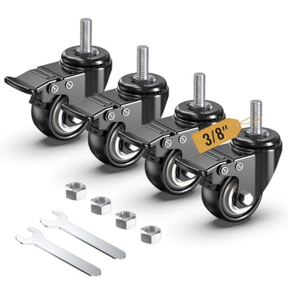 HOLKIE Stem Caster Wheels 2 inch Total Locking Casters Set of 4, Threaded Stem 3/8" -16 x 1 (Diameter 3/8", Length 1") Swivel Heavy Duty Castors Black - size: 2 Inch-Black-With Brake (3/8" -16 x 1")