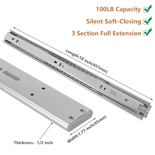 LONTAN 6 Pairs 18 Inch Soft Close Drawer Slides Heavy Duty 100lb Capacity - size: 18 Inch