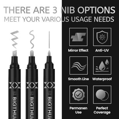 BIGTHUMB 3Pcs Liquid Chrome Paint Markers, Gloss Mirror Marker, Oil-based Permanent Chrome Maker, Reflective Metallic Pen Markers for Repairing, Model Painting DIY Art Projects, Silver - style: 3PCS Silver