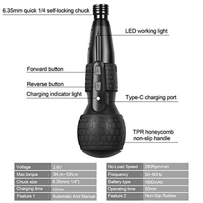 3.6V Cordless Electric Screwdriver, Manual & Automatic, 1800mAh, LED Light - color: Black 2