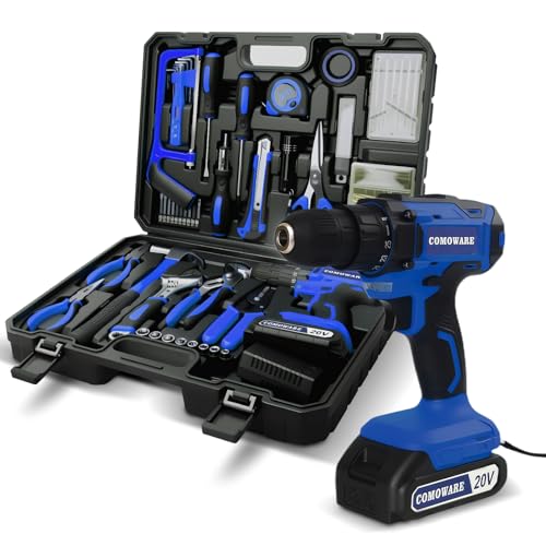 COMOWARE Household Tool Set with 20V Cordless Drill Driver, 120Pcs Hand Tool Kit for Men, Power Drill Set with Plastic Toolbox, Ideal for Office, Garden, DIY Project - color: Deepblue