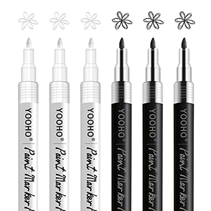 Paint Pen White Black Acrylic Marker Set for Rock Wooden Tire Metal Leather Glass Painting, 0.7mm Fine Point Quick Drying (3pcs Black +3pcs White) - color: black,white
