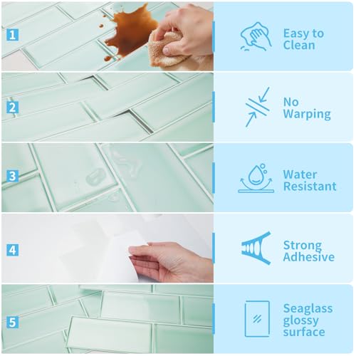 Art3d Seaglass Subway Design Peel and Stick Backsplash, 10-Pack, Aqua Green - color: Aqua Green