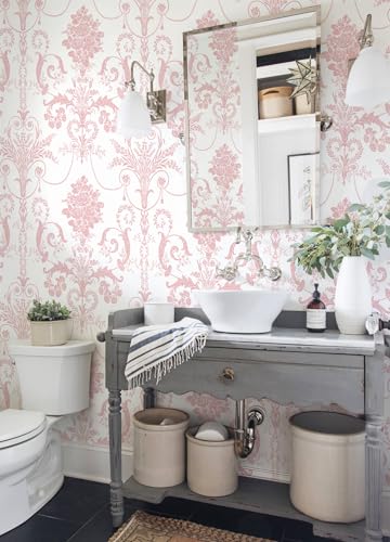 Damask Floral Peel and Stick Wallpaper Boho Pink and White Contact Paper - color: Pink, size: 17.3" x 118"